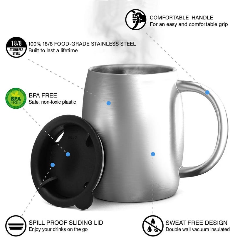 CHILLOUT LIFE Stainless Steel Insulated Coffee Mugs Set of 2 (14oz) â€“ Double Wall Coffee Cups with Spill Resistant Lid & Strong Handle, Shatterproof Cups for Cold Drinks and Hot Beverages - Image 3